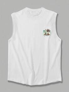 1 chiếc áo tank top nam cổ tròn in hình cây dừa, kiểu dáng thường ngày, thích hợp cho mùa hè. - trắng - Xem 3