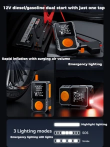 9-In-1 Multifunctional Emergency Jump Starter With 150PSI Air Pump, Digital Tire Inflator, Portable Car Battery Charger,LED Emergency Light & USB Charging, Car Emergency Tool.Suitable As A Holiday Gift. - Multicolor - View 8