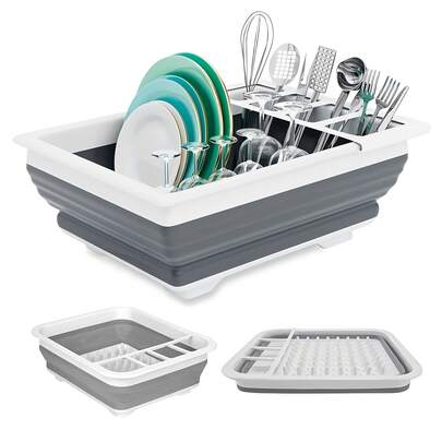 1 pezzo Rastrelliera pieghevole per asciugare i piatti, con portaposate, per cucina, camper e campeggio, rastrelliera per piatti, scaffale di stoccaggio, 1 pezzo in plastica e silicone, perfettamente adatta per scolapiatti in cucina, per picnic all'aperto e organizzazione di stoviglie da campeggio, utilizzabile sia in interni che in esterni