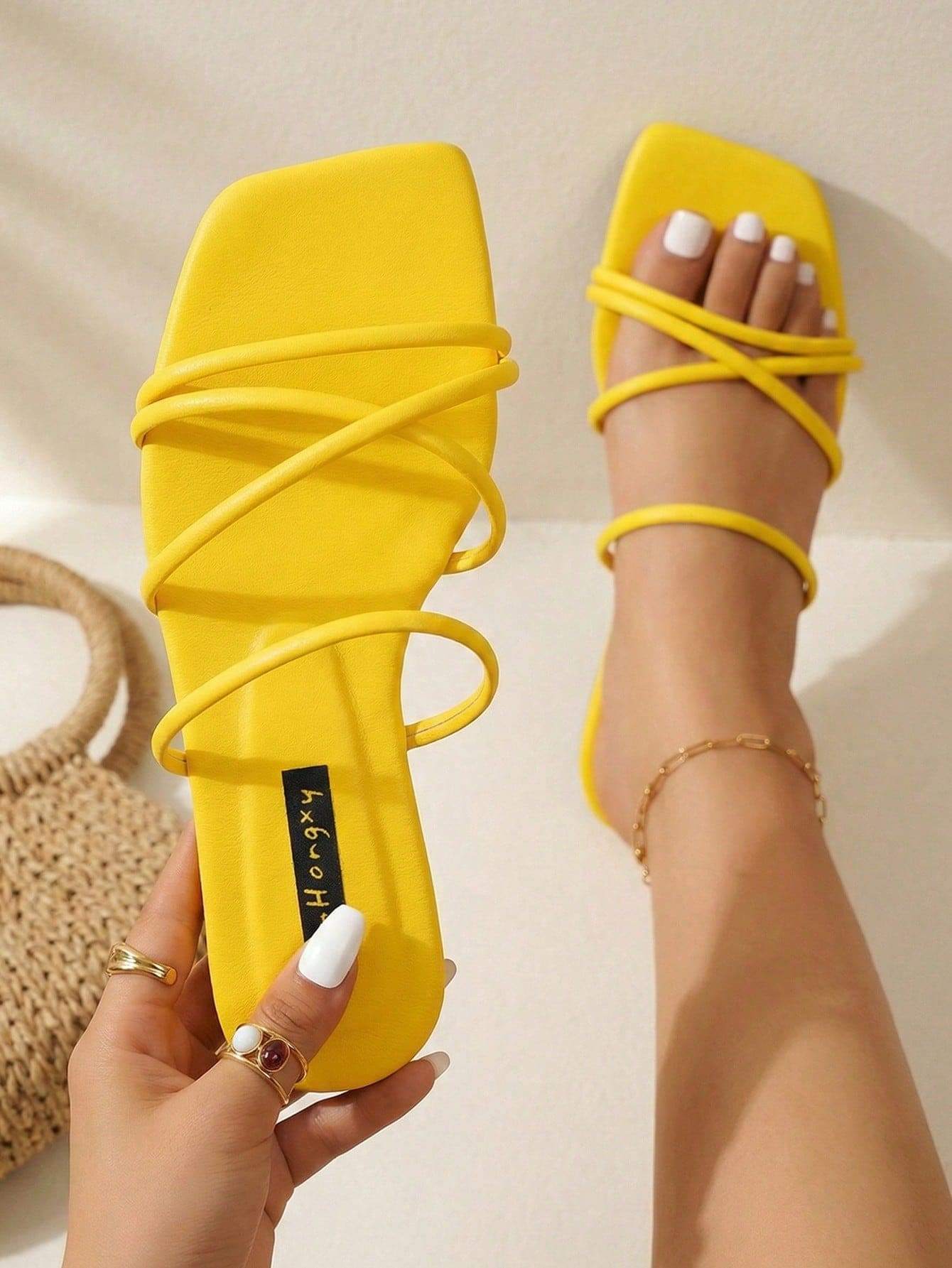 planare Women's Minimalist Criss-Cross Strap Yellow Sandals - Yellow - View 1