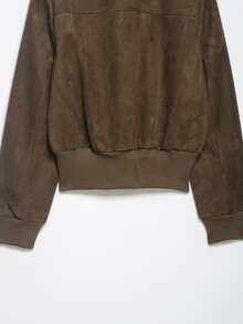 DEEKA 春秋新款女士外套，欧美简约罗纹立领飞行员夹克 - 棕色 - 查看 11