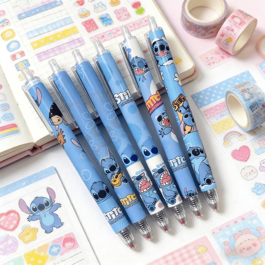 6支/12支/18支装可爱史迪奇造型中性笔套装，6支装按动式圆珠笔，学校及办公用品