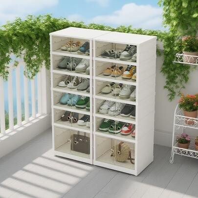 6 Tier Foldable Shoes Boxes For Small Spaces, Narrow Storage,  Portable Shoe Rack Organizer Foldable Shoe Box With Doors, Large Folding Cabinet Bins.Stackable Plastic Shoe Box, Storage Shoe Cabinet For Hallway, Living Room, Closet, Portable Closets