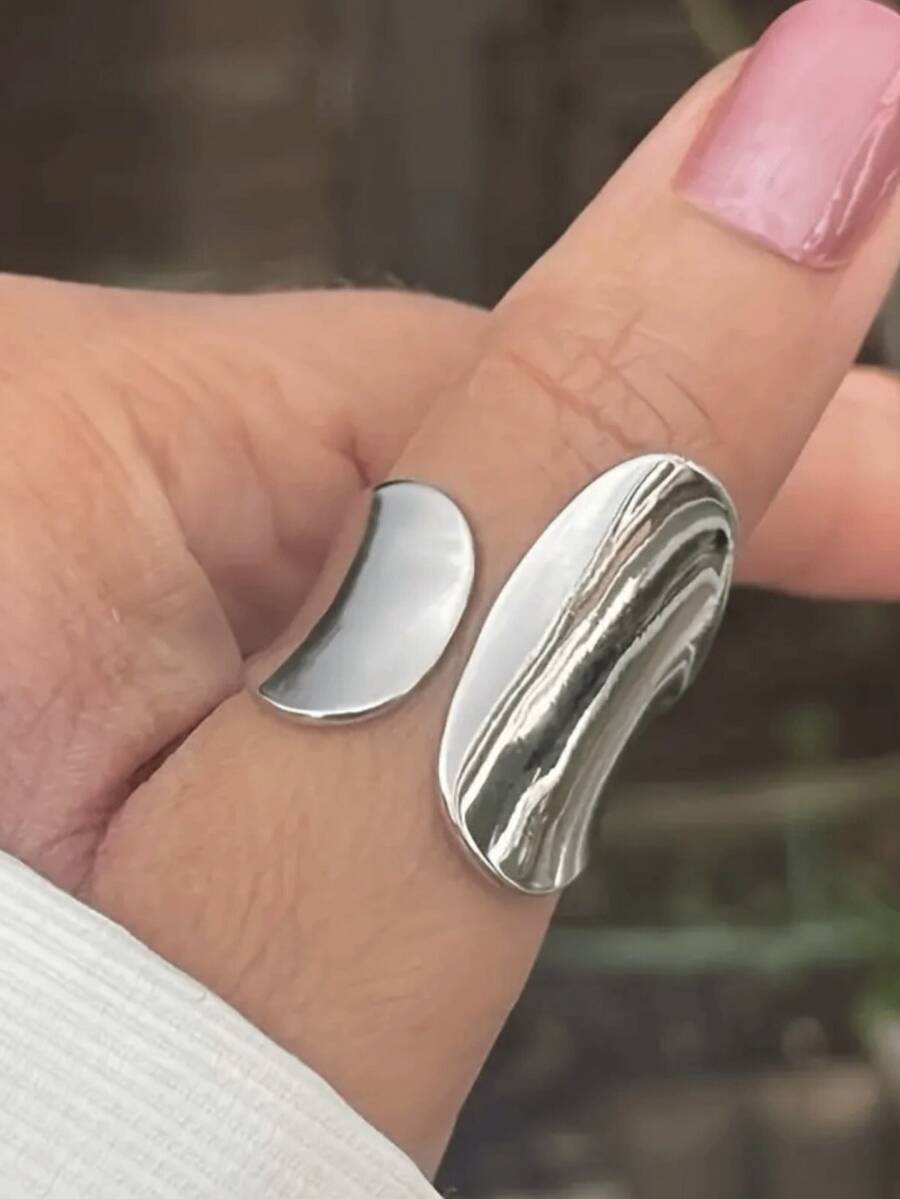 1枚极简几何开口戒指，凹面设计，男女皆宜，适合日常佩戴，铜质戒指 - 銀色 - 查看 1