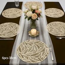 4/6pcs 15-Inch Gold Circular Leaf Placemats, Embossed Hollow Design, Suitable For Daily Dinners, Weddings, Decorative Centerpieces, Gold Wedding Decor - Gold - View 10