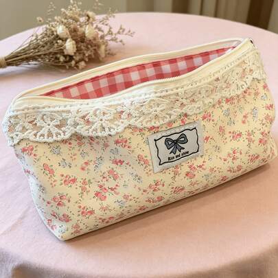 1pc Pink Floral Pattern Pencil Case, Large Capacity Student Stationery & Cosmetic Storage