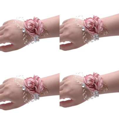 Bộ 6 vòng hoa đeo cổ tay, hoa đeo cổ tay cho phù dâu, hoa hồng giả, trang trí tiệc cưới.