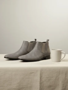 1 đôi bốt Chelsea nam mũi tròn, chất liệu da PU, đế cao su, kiểu dáng thường ngày, thoải mái. - Xám - Xem 3