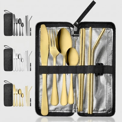 10 piezas Juego de cubiertos portátil, incluye: herramienta divisora, tenedor, cuchara, palillos, pajita, cepillo, etc., superficie pulida, cubiertos portátiles con estuche de almacenamiento, lonchera, caja bento, ideal para picnics, campamentos, vuelta al cole, viajes y uso diario, reutilizable