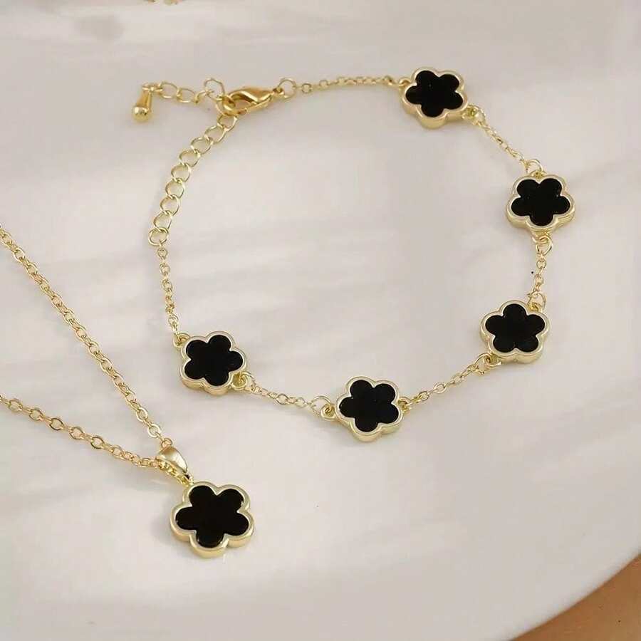 Bộ trang sức hình cỏ bốn lá may mắn tinh tế - Mạ vàng 18K, khảm acrylic, vòng tay và mặt dây chuyền hình hoa bằng thép không gỉ 304L, món quà lý tưởng cho các cô gái và bạn bè, phụ kiện thời trang cho mọi dịp. - Bộ vòng tay và mặt dây chuyền hoa - Xem 1