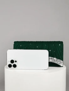 REMANLAND Mini Shiny Chain Folding Pleated Square Clutch Bag, Rhinestone Embellished Evening Bag, Perfect Match For Women's Ball Gown, Ball Accessories, Sequin Dress, Shiny Dress, Elegant Dress, Elegant Ball Bag, Perfect For Bridesmaids, Suitable For Wedding Reception, Party, Wedding, Ball, Banquet/Gala Occasions. - Dark Green - View 8