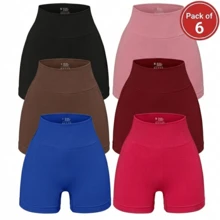 Women's High-Waisted Seamless Yoga Shorts, 6-Pack – Butt Lifting, Tummy Control, Breathable Stretch Gym Shorts – Black, Brown, Blue, Pink, Brick Red, And Rose Red - 彩色 - 查看 6