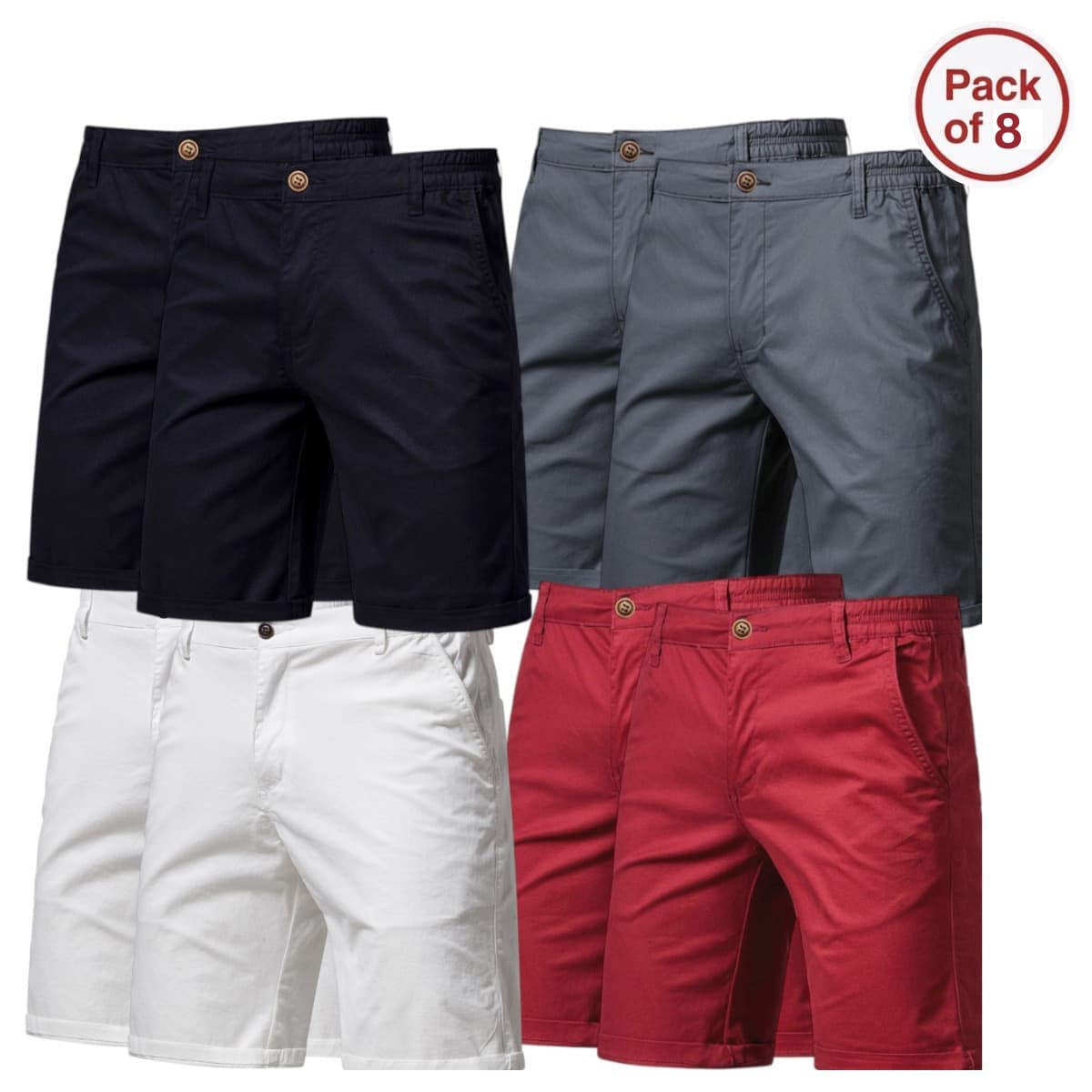 Men's Summer Cotton Casual Shorts Pack of 8 – Slim Fit Straight Leg Five-Pocket Lightweight Breathable Workwear Shorts – 2 Pieces Each in White, Black, Dark Grey & Red - Multicolor - Ver 1