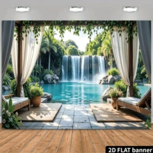 1pc Large 2D Flat Garage Door Decor, No Electricity Needed, Suitable For Yard Waterfall And Pool With White Mat And Surrounding Plants Pattern Party Banner, Applicable For Outdoor And Indoor Holiday Decoration - A - View 2