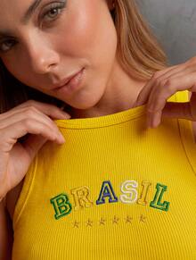 Women's Tank Top Summer 2026 With "BRAZIL" Embroidered On Ribbed Knit Fabric. - YELLOW - View 2