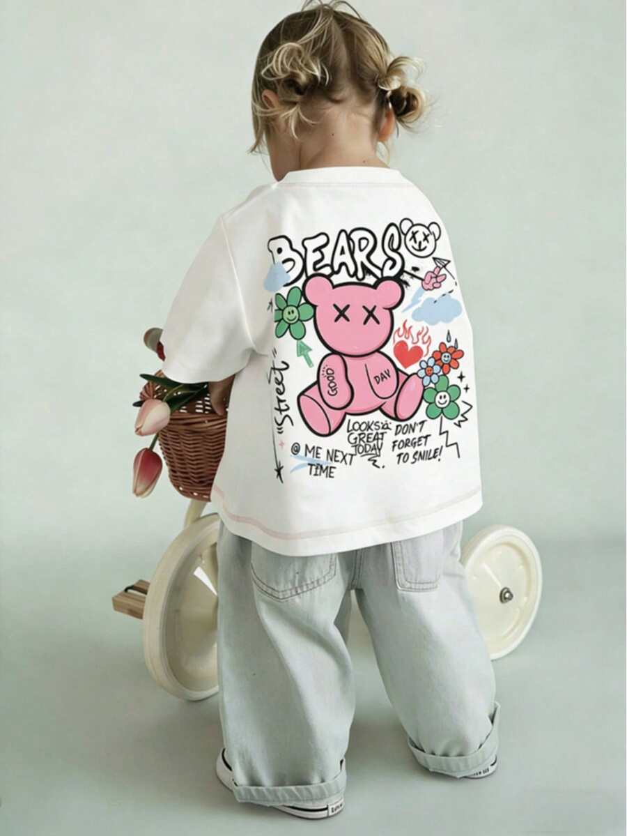 Baby Girls Cute Bear Print Round Neck Short Sleeve Top - White - View 1