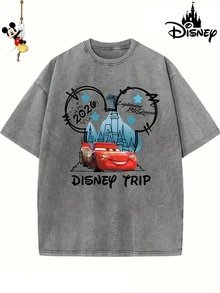 Disney Authorized "Car Story Lightning McQueen", The Original Authorization 1 Fashion Cartoon Short Sleeve Design, Cartoon Short Sleeve, Men's Cotton Washed T-Shirt. Soft And Breathable, Gifts From Disney Fans Can Be Used As Gifts For Couples. - 灰色 - 查看 1