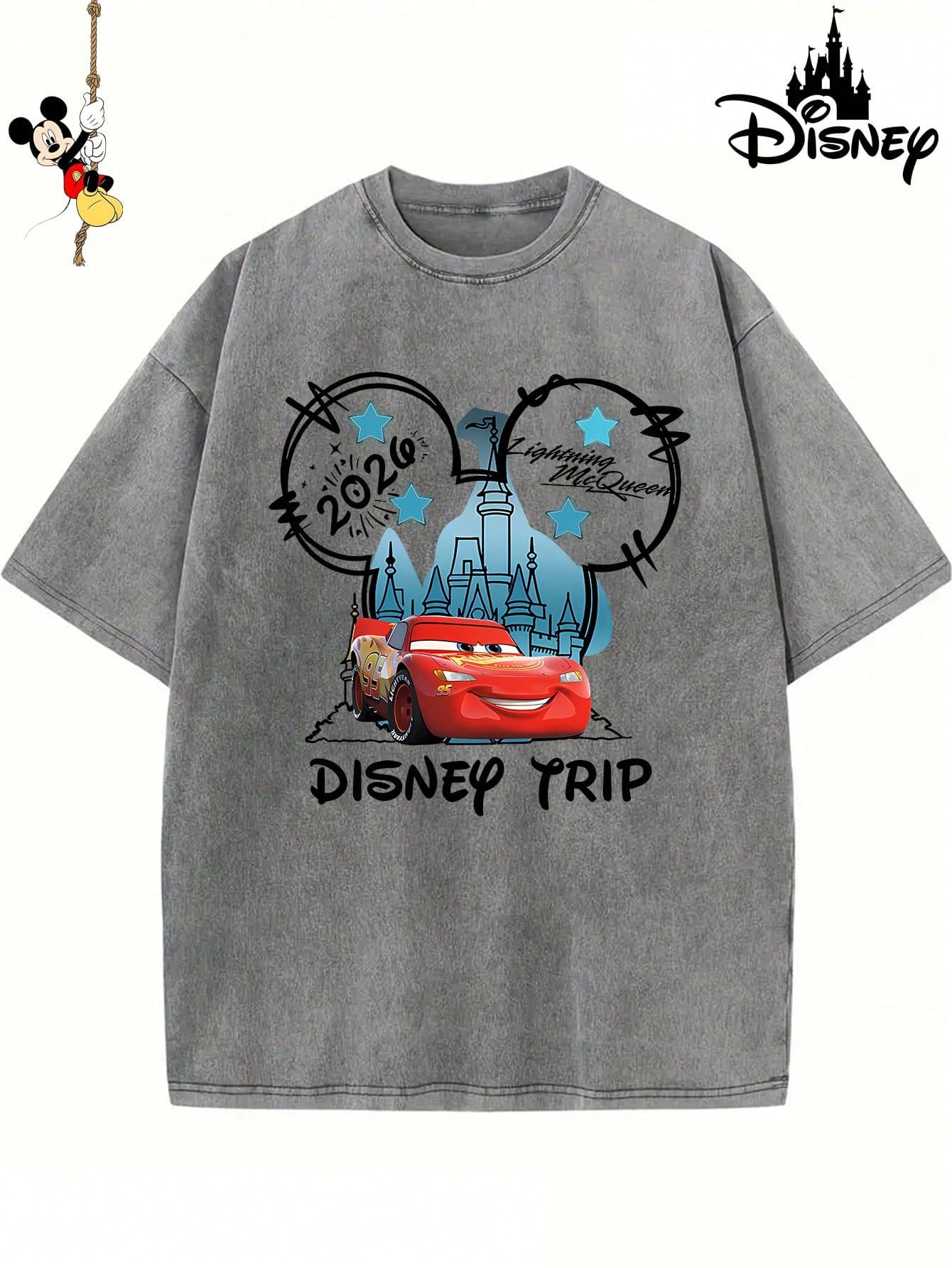 Disney Authorized "Car Story Lightning McQueen", The Original Authorization 1 Fashion Cartoon Short Sleeve Design, Cartoon Short Sleeve, Men's Cotton Washed T-Shirt. Soft And Breathable, Gifts From Disney Fans Can Be Used As Gifts For Couples. - 灰色 - 查看 1