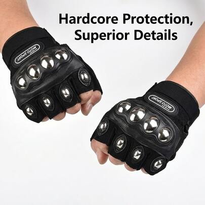 1 đôi găng tay xe máy hở ngón, làm bằng thép không gỉ, chống trượt, thoáng khí, thích hợp cho nam giới, dùng trong mùa hè, đi xe máy/xe đạp/các hoạt động thể thao ngoài trời.