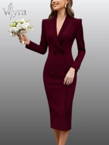 Veyra 2026 Spring New Women Elegant Commute Double Breasted Bodycon Dress - Burgundy - View 1