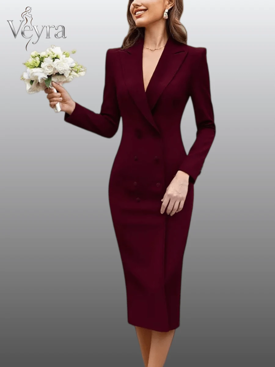 Veyra 2026 Spring New Women Elegant Commute Double Breasted Bodycon Dress - Burgundy - View 1