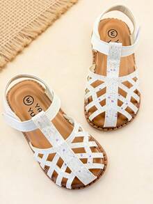 1 đôi dép xăng đan thời trang trẻ em, dép đế bằng màu be cho bé gái, thiết kế đính sequin rỗng với khóa dán, đế mềm chống trơn trượt và chống mài mòn, thích hợp cho các buổi tiệc, họp mặt, đám cưới, kỳ nghỉ. - Màu be - Xem 4