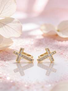 Artepollo 1 Đôi bông tai bạc 925 không gây dị ứng hình thánh giá đính đá Cubic Zirconia, quà tặng sinh nhật cho bé gái - Vàng - Xem 6