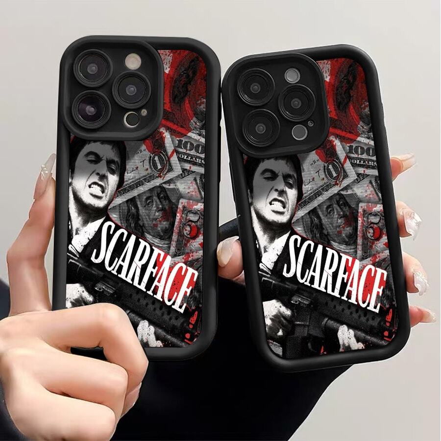 1 unidad Dinero sangre Tony Montana Funda para iPhone 13, con anillo protector de lente elevado y de cobertura total, resistente a arañazos y golpes, el bisel elevado amortigua los impactos de las caídas, diseño minimalista coreano, versátil y favorecedor, adecuado para uso personal o como regalo. - Negro - Ver 1
