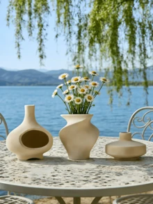 3pcs Beige Small Ceramic Vases, Unique & Stylish Design, Flower Vases For Living Room, Entrance, Library Decor, Ideal Ornaments & Festival Gifts - Off-white Spiral Hollowed-out Flat Three-piece Set - View 9