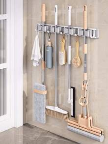 1pc 4 Clips And 5 Hooks Aluminum Wall Mounted Bathroom Mop Clip Rack, Broom Hanging Rack, Storage Rack, No-Drill Mop Holder, Suitable For Bathrooms And Balconies - 灰色 - 查看 2