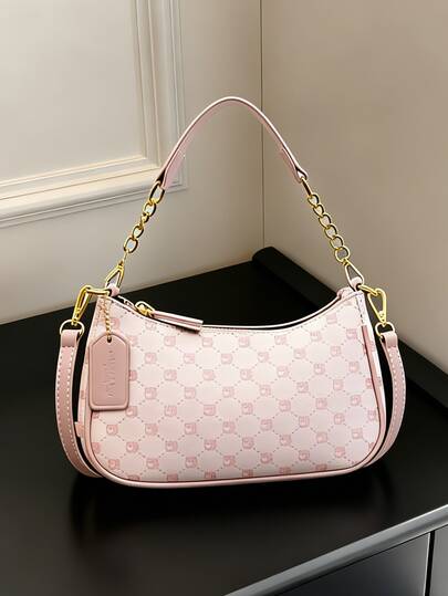 Ta modna, klasyczna i uniwersalna torba na ramię/pod pachę w kształcie półksiężyca z graficznym wzorem liter, wykonana z wodoodpornego materiału PU w jednolitym kolorze, nadaje się na zakupy i można ją nosić na ukos., Różowa