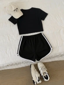 2pcs/Set Short T-Shirt Sporty Shorts Outfit Simple Letter Pattern Print Short Sleeve Top And  Girls Outfit Big Girls Summer Outfit Sets - màu đen - Xem 2