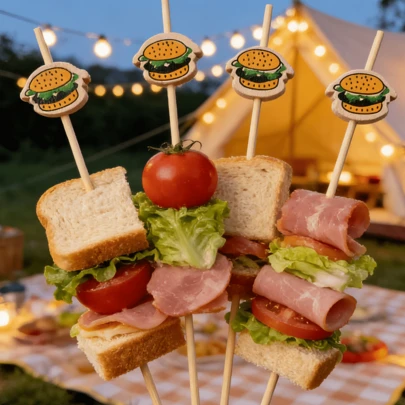 50/100/200/400 xiên nướng hình bánh hamburger, bánh que mini dùng một lần hình bánh mì với họa tiết hạt hamburger, thích hợp cho tiệc tùng, đám cưới, tiệc nướng BBQ, dã ngoại, tiệm bánh - Trang trí thực phẩm