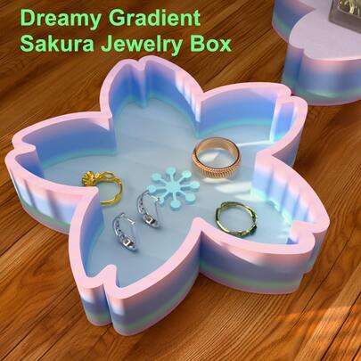 梦幻渐变樱花首饰盒 - 彩虹全息收纳盒，适用于戒指、耳环和小饰品