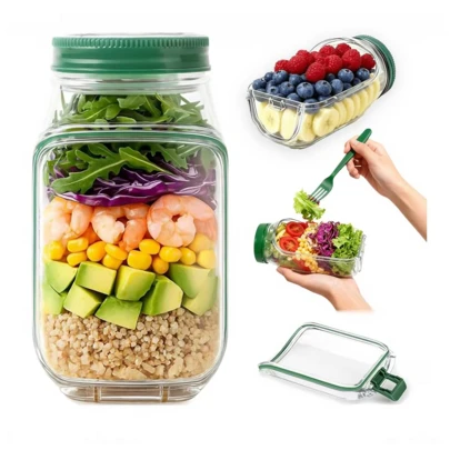 1 bình lắc salad rau củ quả sáng tạo, hộp đựng salad mở bên hông, tiện dụng cho hoạt động ngoài trời, hộp cơm trưa kín, hộp đựng salad rau củ kèm nước chấm, bình lắc salad thay thế bữa ăn hỗ trợ giảm cân và tập thể dục, cốc chống rò rỉ có ngăn cách khô-ướt, tiện lợi mang theo.