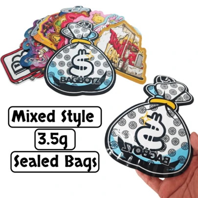 10 piezas/50 piezas Bolsas de almacenamiento de tabaco de estilos mixtos, bolsas de película de poliéster holográfica con patrones de 3.5g, bolsas pequeñas resellables de 3.5g, bolsas de embalaje de pie para almacenamiento de alimentos - Espacio independiente a prueba de humedad, portátil, bolsas selladas a prueba de agua.