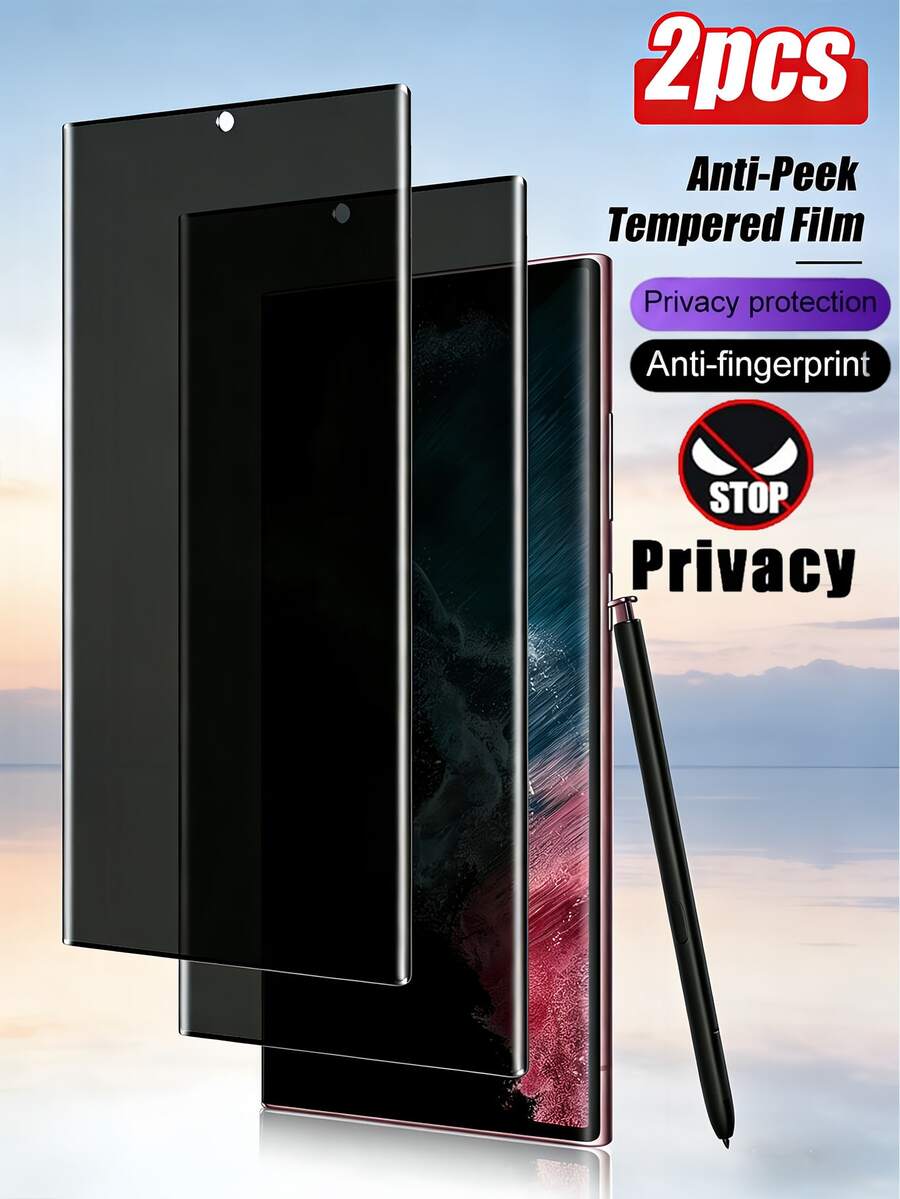 2片装 Galaxy S21/S22/S23/S24 Ultra/Galaxy S24 FE/S25 Ultra/S25 Edge/S26 Ultra/S26 Plus/S26 防窥防间谍钢化玻璃屏幕保护膜，防刮防摔防水 - 黑色 - 查看 1