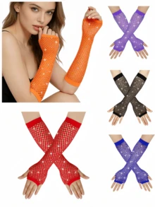 2 chiếc găng tay dài không ngón lưới đính đá neon phong cách đường phố thập niên 1980, tay áo lưới gợi cảm cho nữ, thích hợp cho các bữa tiệc, trang phục punk gothic và khiêu vũ. - Nhiều màu - Xem 1