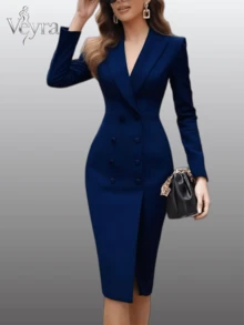 Veyra 2026 Spring New Women Elegant Commute Double Breasted Bodycon Dress - Dark Blue - View 1