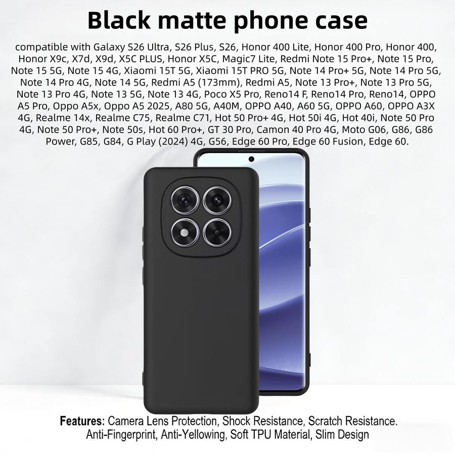 Funda de teléfono negra mate compatible con Oppo Reno15 (Global), A6x(5G), C85(5G), Hot 60i(5G), Galaxy S26 Ultra, S26 Plus, S26, Honor 400 Lite, Honor 400 Pro, Honor 400, Honor X9c, X7d, X9d, X5C PLUS, Honor X5C, Magic7 Lite, Note 15 Pro+, Note 15 Pro(5G). Características incluyen protección de lente de cámara, a prueba de golpes, resistente a arañazos, a prueba de huellas dactilares, antioxidante, material de TPU suave y diseño delgado. - Negro - Ver 1
