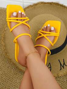 planare Women's Minimalist Criss-Cross Strap Yellow Sandals - Yellow - View 3