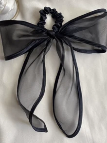 1pc Black Organza Bow Ribbon Hair Scrunchie, Elegant Chic Hair Accessory For Buns, Spring/Summer Travel Accessories Ponytail Holders Hair Elastics Hair Rubber Bands Hair Rope - Black - View 4