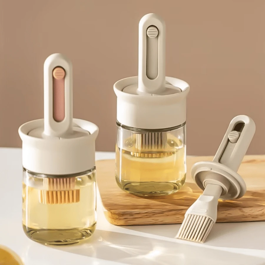 Bộ dụng cụ rót dầu 2 trong 1 - Có cọ, chai thủy tinh đựng dầu ô liu và nước sốt, cọ phết dầu ăn nhà bếp, kèm cọ silicon điều chỉnh/kéo dài và nắp khóa, thích hợp cho nấu nướng, rưới giấm, làm nước sốt, nướng BBQ và chiên rán. - Xem 1