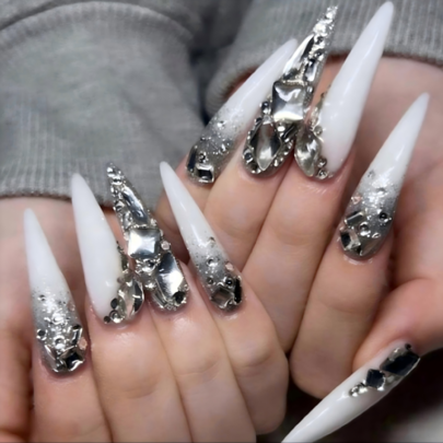 24pcs White Silver Full Rhinestone Stiletto Nails, Suitable For Women, With Tools