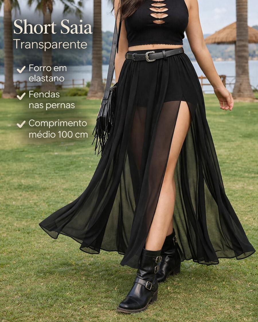 Long, Transparent Chiffon Skirt And Shorts Set - Short Shorts In Elastane/High Waist With Slit/Leg Opening/Hot Pants/Women's Set Summer 2026 Collection/Festival Look/International Show/Gothic/Rock/Emo/Hip Hop/Belly Dance/Halloween Costume/Lollapalooza/The Show/Rock In Rio/Tardezinha/Semi-Translucent/Sensual/Sexy/Carnival/Lgbt Fashion/Pride Day/Gay Parade - 黑色 - 查看 1