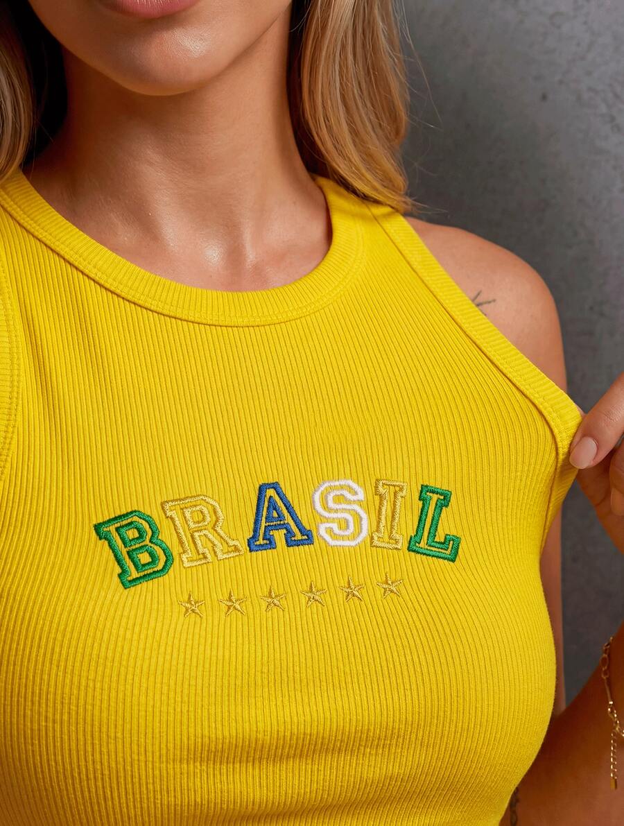 Women's Tank Top Summer 2026 With "BRAZIL" Embroidered On Ribbed Knit Fabric. - YELLOW - View 1