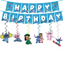 Disney 热门的《星际宝贝》主题生日派对装饰套装，包括生日快乐横幅、气球和蛋糕装饰，卡通史迪奇生日派对用品 - 如圖 - 查看 3
