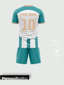 2Pcs Football Jersey Set Shirt, Peacock & White Striped V-Neck, Customizable Team Name, Men Sports Wear Summer, Gift - Green - View 3