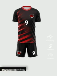 2pcs Black & Red Striped Customized Football Uniform | Can Add Name & Number | High-Performance Match Set, T-Shirt And Shorts Sports - Black - View 2