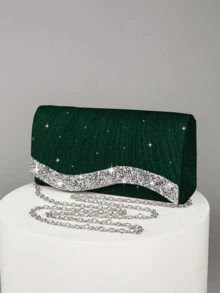 REMANLAND Mini Shiny Chain Folding Pleated Square Clutch Bag, Rhinestone Embellished Evening Bag, Perfect Match For Women's Ball Gown, Ball Accessories, Sequin Dress, Shiny Dress, Elegant Dress, Elegant Ball Bag, Perfect For Bridesmaids, Suitable For Wedding Reception, Party, Wedding, Ball, Banquet/Gala Occasions. - Dark Green - View 5